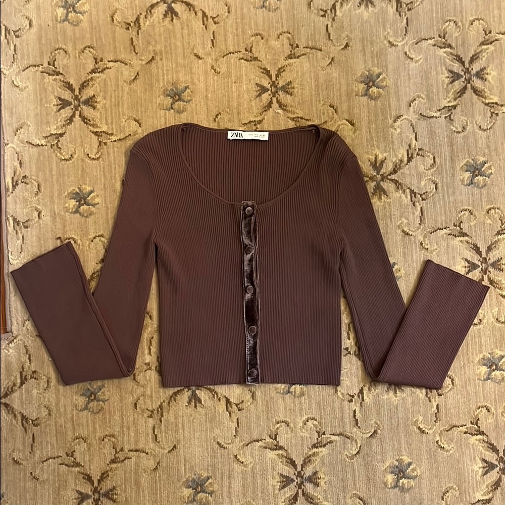 Zara Brown Ribbed Button-Up Top